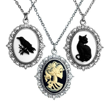 Load image into Gallery viewer, Gothic Lolita cameo pendant necklace crow skeleton black cat