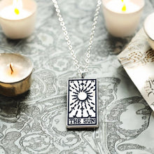 Load image into Gallery viewer, Tarot card necklace, sun, moon, star, fortune, silver magic jewelry