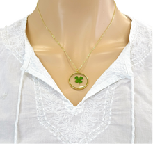 Load image into Gallery viewer, Four leaf clover shamrock gold plated necklace good luck charm pressed flower jewelry