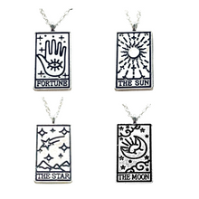 Load image into Gallery viewer, Tarot card necklace, sun, moon, star, fortune, silver magic jewelry