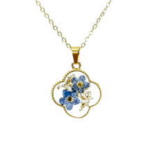 Load image into Gallery viewer, Pressed flower gold plated necklace wildflower bohemian jewelry four leaf or round