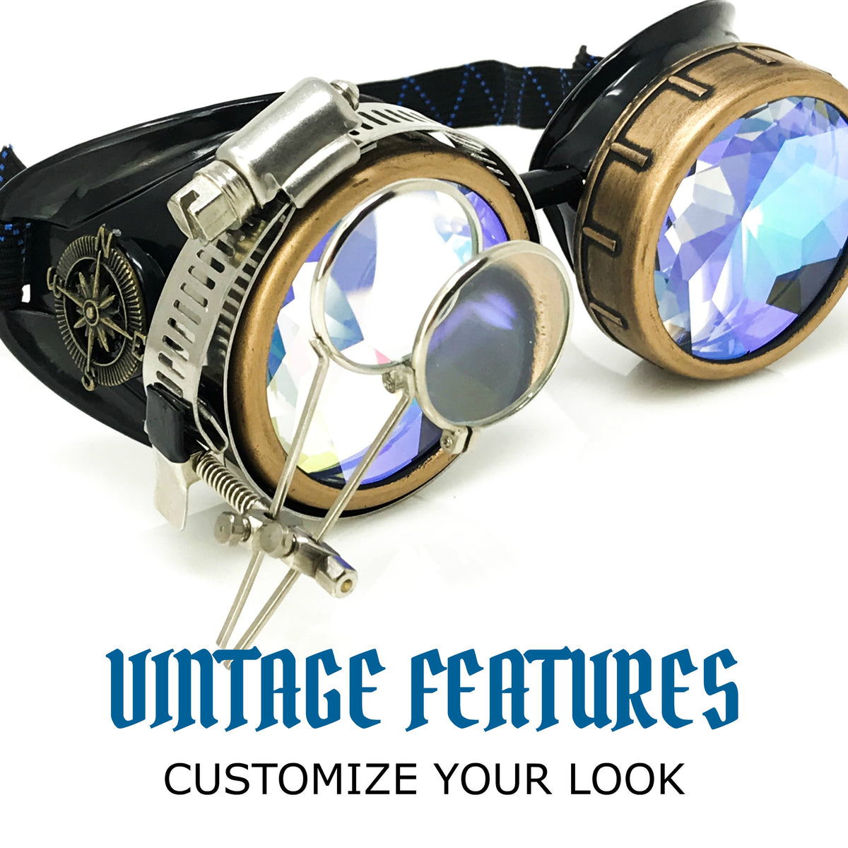 Enjoy Your Steampunk Victorian Style Goggles with Compass Design, Azure  Blue Lenses & Ocular Loupe : Clothing, Shoes & Jewelry 