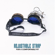 Load image into Gallery viewer, Victorian Steampunk Goggles azure blue lenses rose compass with magnifying eye loupes