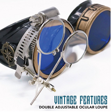 Load image into Gallery viewer, Victorian Steampunk Goggles azure blue lenses rose compass with magnifying eye loupes