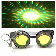 Load image into Gallery viewer, Steampunk Goggles with magnifying loupes UV glow neon green spiral diffraction lenses