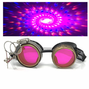 Steampunk Goggles with magnifying loupes UV glow neon pink spiral diffraction lenses