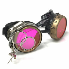 Load image into Gallery viewer, Steampunk Goggles with magnifying loupes UV glow neon pink prism diffraction lenses