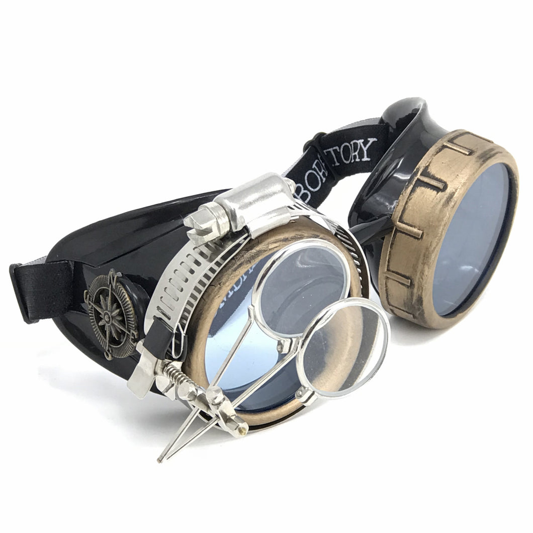 Steampunk Goggles with magnifying loupes UV glow neon blue lenses