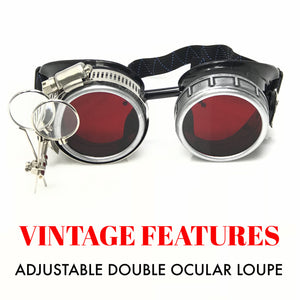 Diesel goth punk Metallic Goggles with magnifying eye loupes red lenses