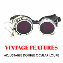 Load image into Gallery viewer, Diesel goth punk Biker Goggles with magnifying eye loupes purple lenses
