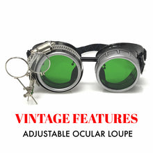 Load image into Gallery viewer, Diesel goth punk Biker Goggles with magnifying eye loupes green lenses