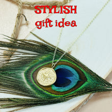 Load image into Gallery viewer, Necklace with a peacock feather and gold coin pendant on a white background with text 'Stylish gift idea'.