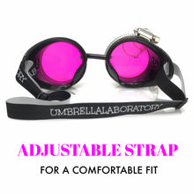 Load image into Gallery viewer, Steampunk Goggles with magnifying loupes UV glow neon pink lenses