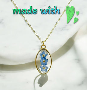 Pressed flower gold plated necklace forget me not oval white or blue