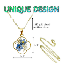 Load image into Gallery viewer, Pressed flower gold plated necklace wildflower bohemian jewelry four leaf or round