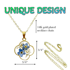Pressed flower gold plated necklace wildflower bohemian jewelry four leaf or round