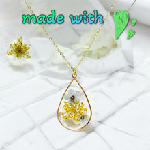 Load image into Gallery viewer, Pressed flower gold plated necklace forget me not teardrop or rounds