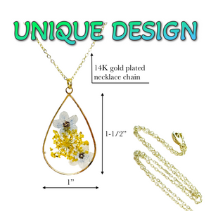 Pressed flower gold plated necklace forget me not teardrop or rounds