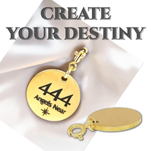 Load image into Gallery viewer, Gold pendant with '444 Angels Near' text on a white background with 'Create Your Destiny' text.