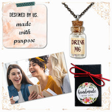 Load image into Gallery viewer, Drink Me Bottle Necklace Glass Vial Fantasy Jewelry Aqua Blue Rusty Glow in the Dark