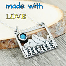 Load image into Gallery viewer, silver mountain forest with turquoise moon necklace outdoor adventure jewelry