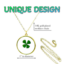 Load image into Gallery viewer, Four leaf clover shamrock gold plated necklace good luck charm pressed flower jewelry