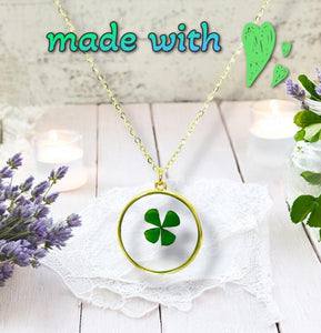 Four leaf clover shamrock gold plated necklace good luck charm pressed flower jewelry