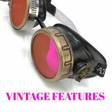 Load image into Gallery viewer, Steampunk Goggles with magnifying loupes UV glow neon pink spiral diffraction lenses