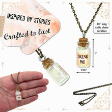 Load image into Gallery viewer, Drink Me Bottle Necklace Glass Vial Fantasy Jewelry Aqua Blue Rusty Glow in the Dark