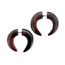 Load image into Gallery viewer, A pair of brown faux plug earrings made of wood material, designed for regular pierced ears.