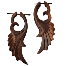 Load image into Gallery viewer, gothic feather wing wooden earrings tribal boho statement artisan jewelry