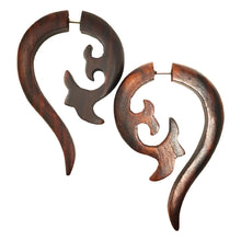 Load image into Gallery viewer, A pair of brown, wooden, lotus flower-shaped hypoallergenic earrings with a gypsy stud design.