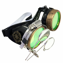 Load image into Gallery viewer, Steampunk goggles worn as alternative fashion accessory inspired by mad scientist style neon green lenses
