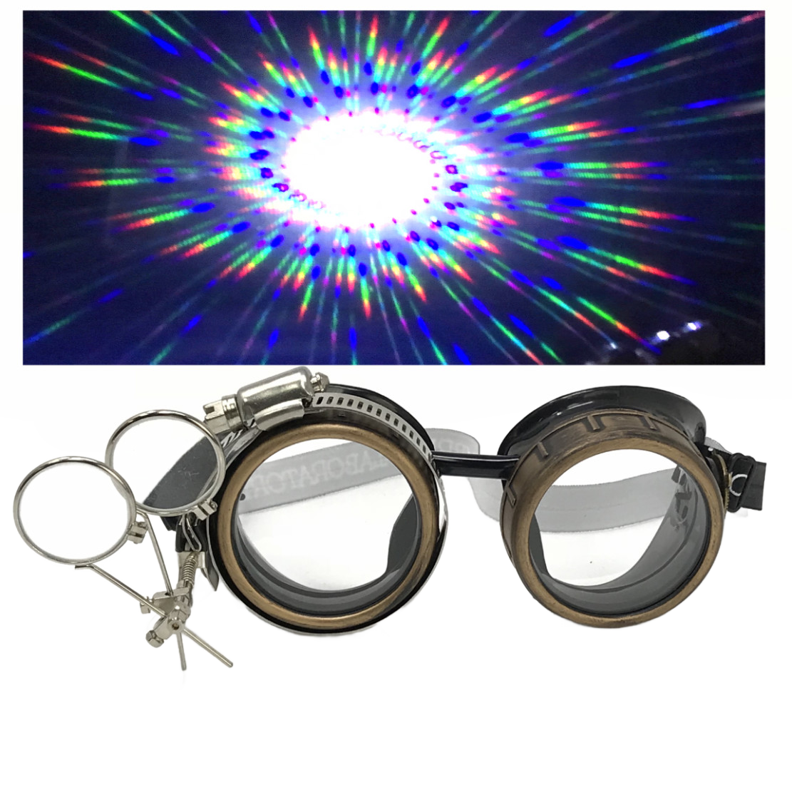 Handmade Steampunk Goggles with Loupe – Diffraction Lenses -neon pink, lime green, orange, and clear lenses