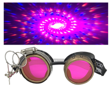 Load image into Gallery viewer, Steampunk goggles with spiral diffraction lenses and clip-on ocular loupe magnifier retro futuristic eyewear neon pink lenses