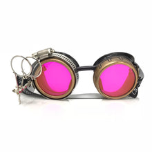 Load image into Gallery viewer, Steampunk Goggles with magnifying loupes UV glow neon pink spiral diffraction lenses