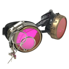 Load image into Gallery viewer, Steampunk goggles worn as alternative fashion accessory inspired by mad scientist style neon pink lenses