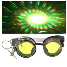 Load image into Gallery viewer, Steampunk goggles with spiral diffraction lenses and clip-on ocular loupe magnifier retro futuristic eyewear neon lime green lenses
