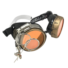 Load image into Gallery viewer, Steampunk goggles with double ocular loupe magnifiers and brass finish, Victorian industrial style eyewear for cosplay and rave fashion, orange lenses