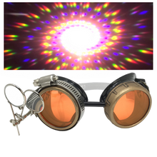 Load image into Gallery viewer, Steampunk goggles with spiral diffraction lenses and clip-on ocular loupe magnifier retro futuristic eyewear neon orange lenses 