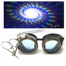 Load image into Gallery viewer, Steampunk Goggles with magnifying loupes UV glow neon blue spiral diffraction lenses