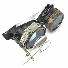 Load image into Gallery viewer, Steampunk Goggles with magnifying loupes UV glow neon blue spiral diffraction lenses