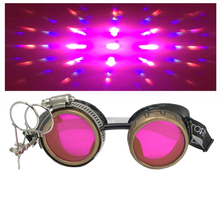Load image into Gallery viewer, Steampunk goggles with prism diffraction lenses and clip-on ocular loupe magnifier retro futuristic eyewear pink lenses