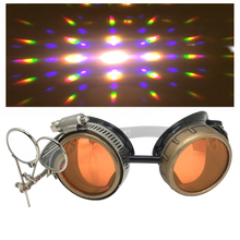 Load image into Gallery viewer, Steampunk goggles with prism diffraction lenses and clip-on ocular loupe magnifier retro futuristic eyewear orange lenses