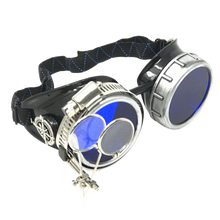 Load image into Gallery viewer, Steampunk goggles with blue lenses and metal accents on a white background