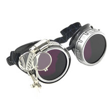 Load image into Gallery viewer, Steampunk-style goggles with metallic frames and purple lenses on a white background