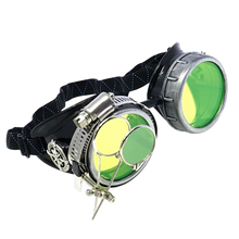 Load image into Gallery viewer, Handmade steampunk metallic goggles with magnifying loupe retro industrial eyewear lime green lenses