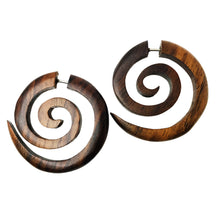 Load image into Gallery viewer, Wooden Big spiral earring brown or black wood