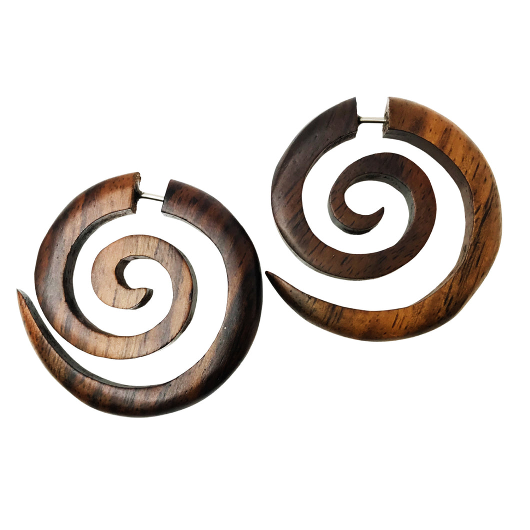 Wooden Big spiral earring brown or black wood