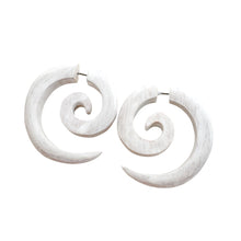 Load image into Gallery viewer, Wooden spiral earring organic jewelry rustic white color fake piercing